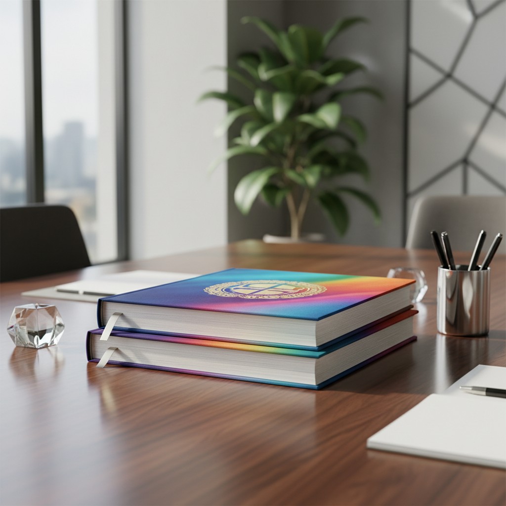 A stack of two rainbow-colored books sits on a brown desk in an office setting.